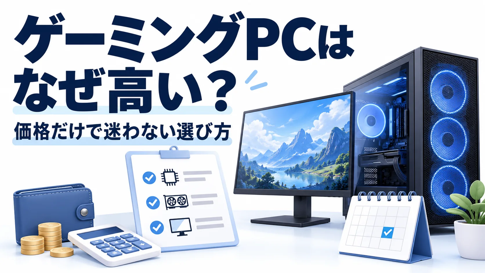 ゲーミングPCはなぜ高い?価格だけで迷わない選び方。PC、比較メモ、財布、カレンダーのイラスト